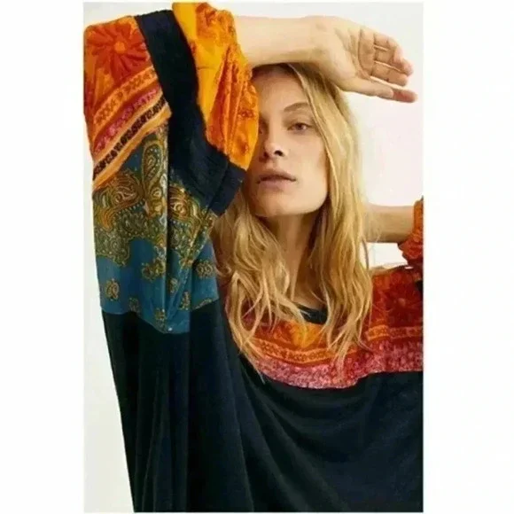 Free People Black Tunic with Mustard & Rust Floral Sleeves - Picture 5 of 6